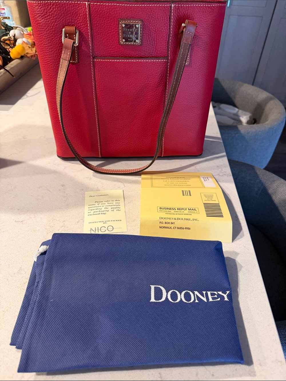 Dooney & Bourke Red Pebbled Leather Tote with Brown Straps